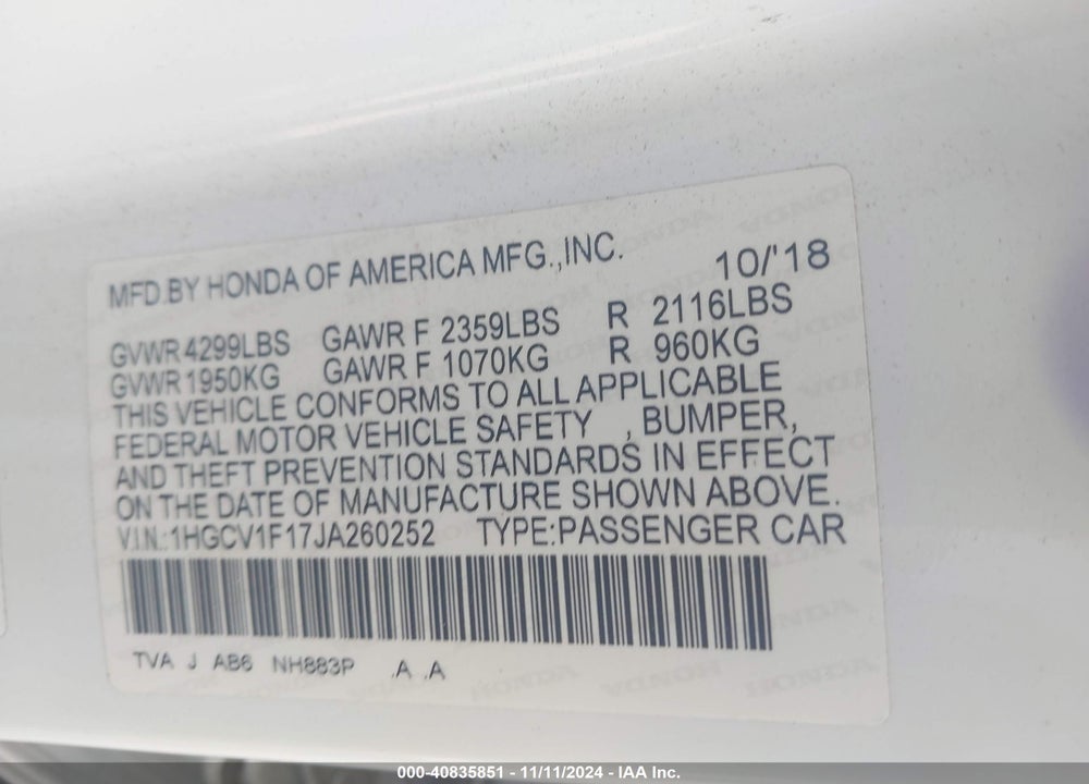 2018 HONDA ACCORD VIN: 1HGCV1F17JA260252