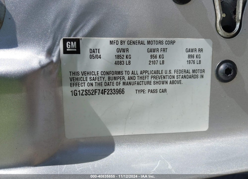 2004 CHEVROLET MALIBU VIN: 1G1ZS52F74F233966