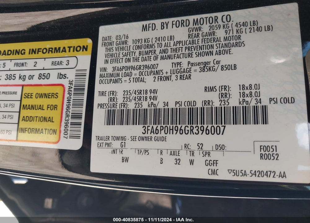 2016 FORD FUSION SE VIN: 3FA6P0H96GR396007