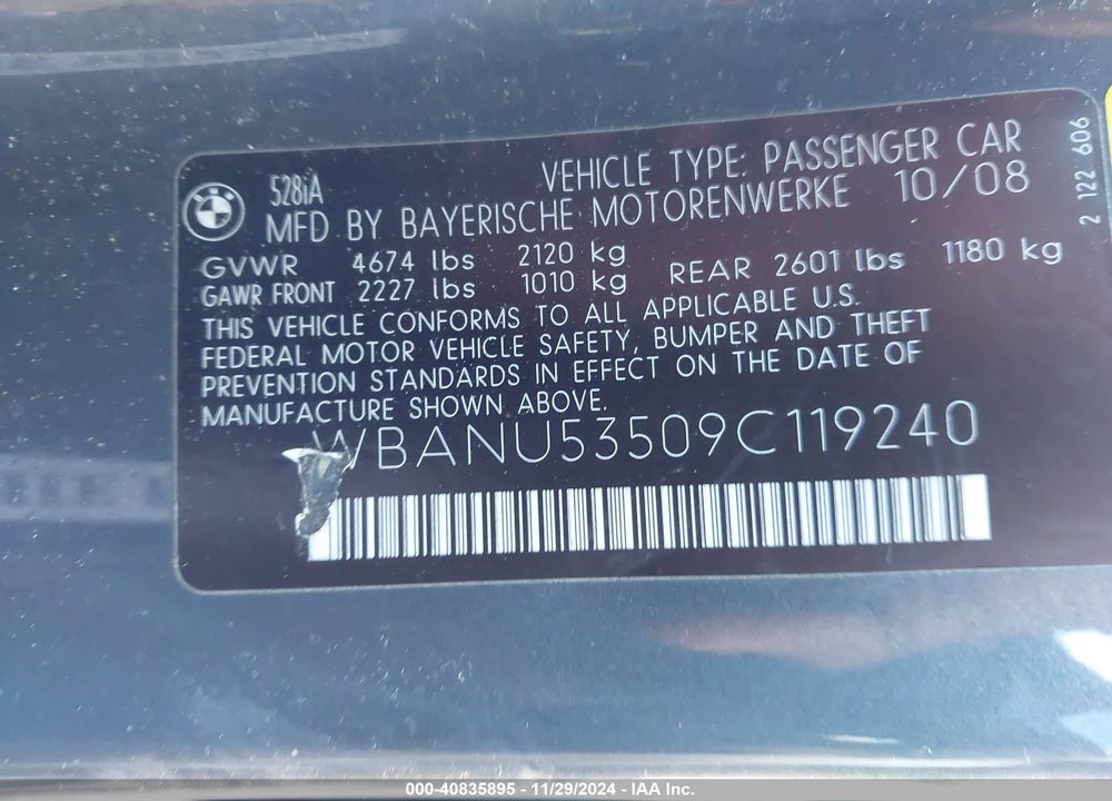 2009 BMW 528I VIN: WBANU53509C119240