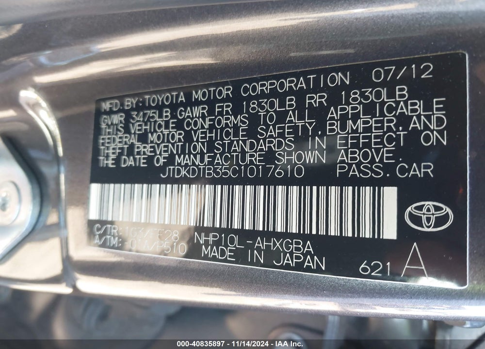 2012 TOYOTA PRIUS C THREE VIN: JTDKDTB35C1017610