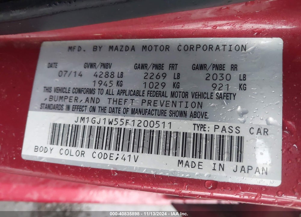 2015 MAZDA MAZDA6 VIN: JM1GJ1W55F1200511