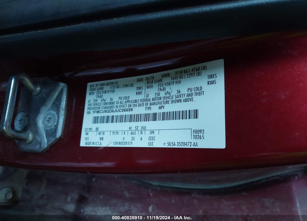 2018 FORD ESCAPE SE VIN: 1FMCU9GD6JUC06699