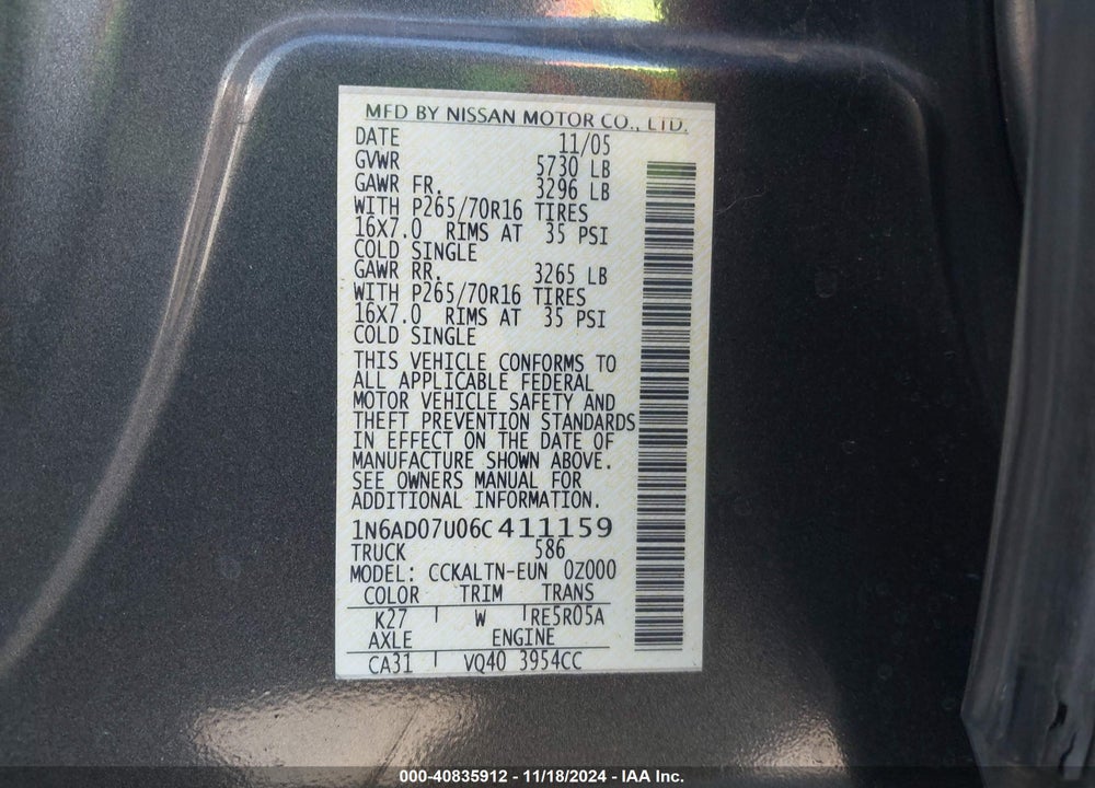 2006 NISSAN FRONTIER SE VIN: 1N6AD07U06C411159
