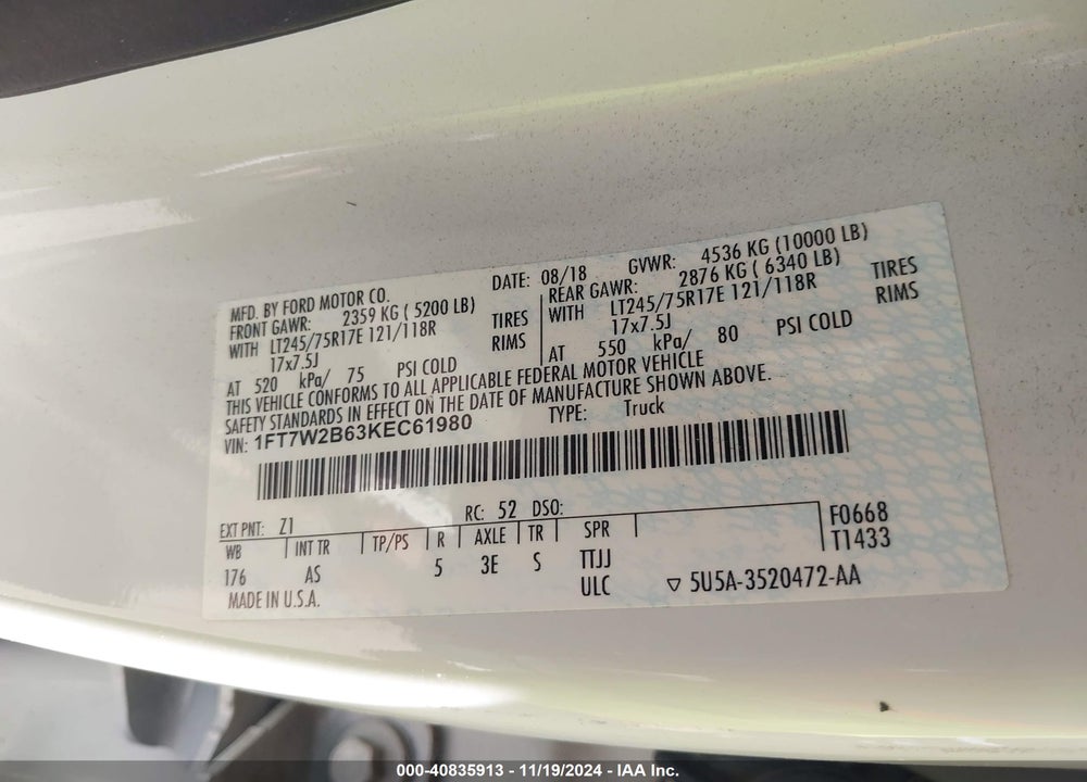 2019 FORD F-250 XL VIN: 1FT7W2B63KEC61980