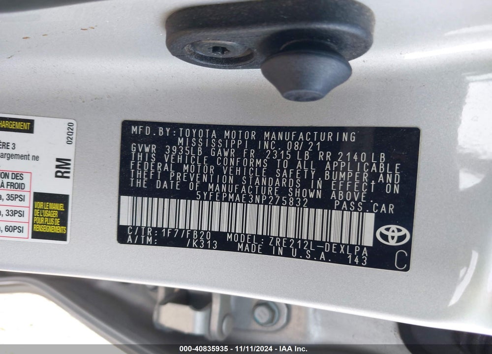 2022 TOYOTA COROLLA LE VIN: 5YFEPMAE3NP275832