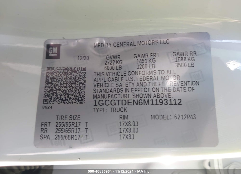 2021 CHEVROLET COLORADO 4WD SHORT BOX Z71 VIN: 1GCGTDEN6M1193112