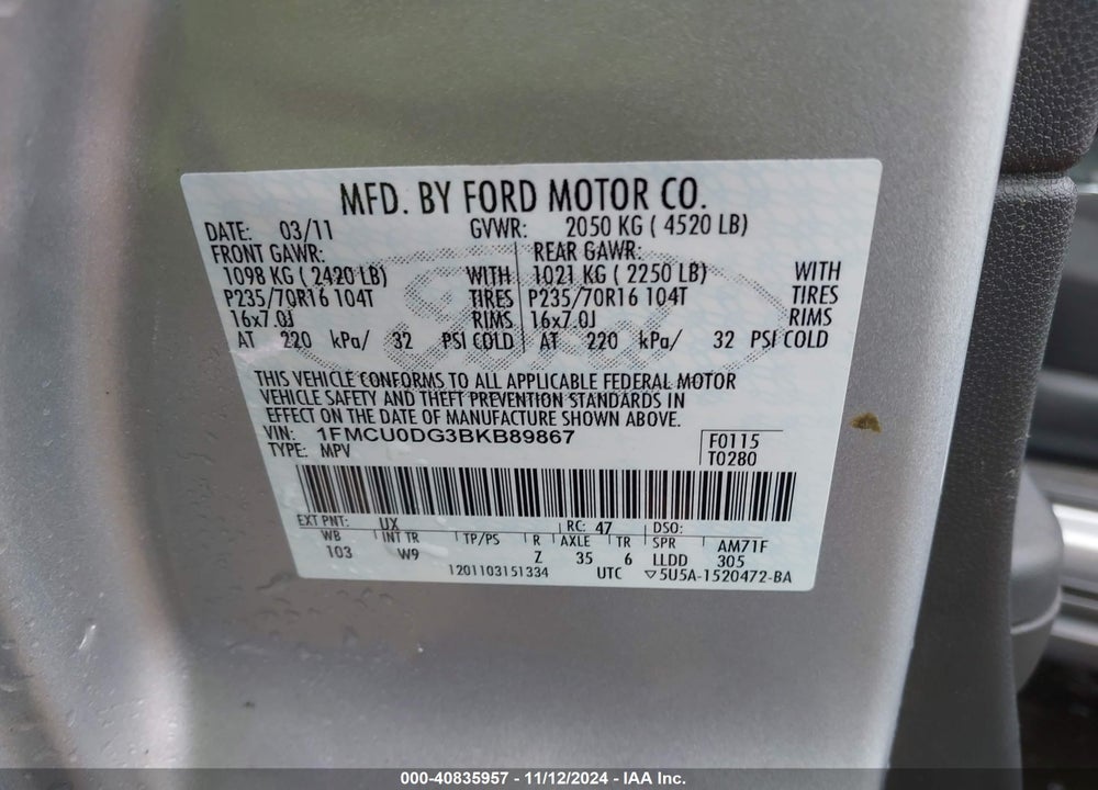 2011 FORD ESCAPE XLT VIN: 1FMCU0DG3BKB89867