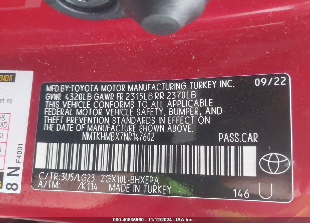 2022 TOYOTA C-HR LIMITED VIN: NMTKHMBX7NR147602