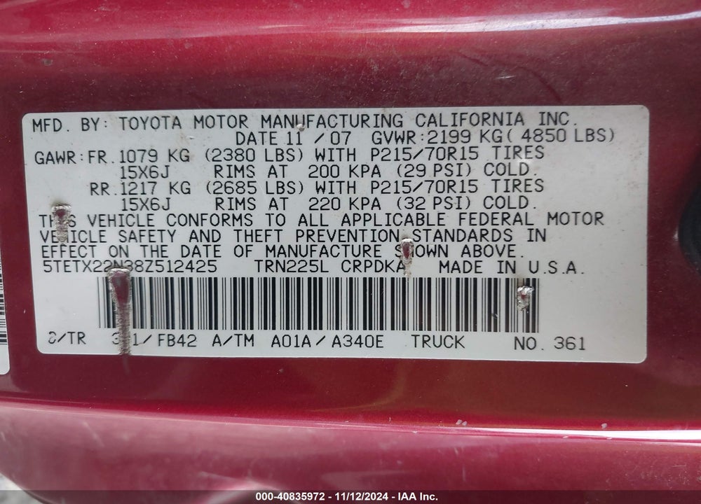2008 TOYOTA TACOMA VIN: 5TETX22N38Z512425