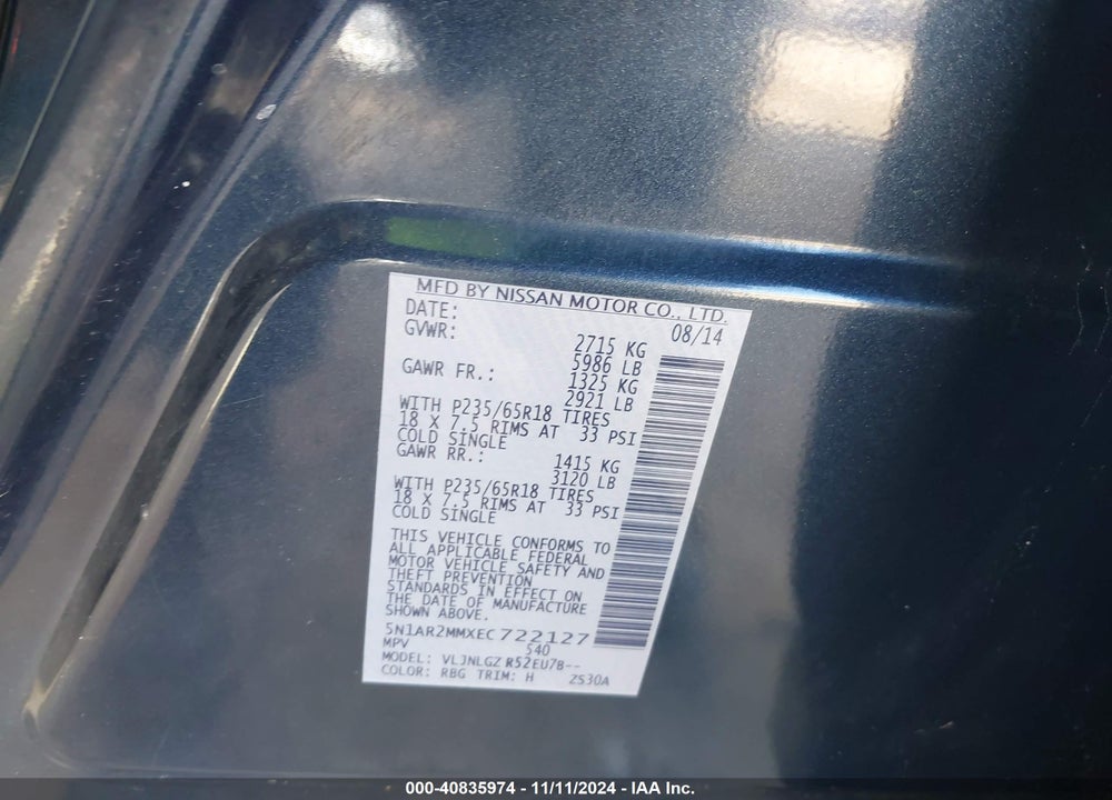 2014 NISSAN PATHFINDER SL VIN: 5N1AR2MMXEC722127