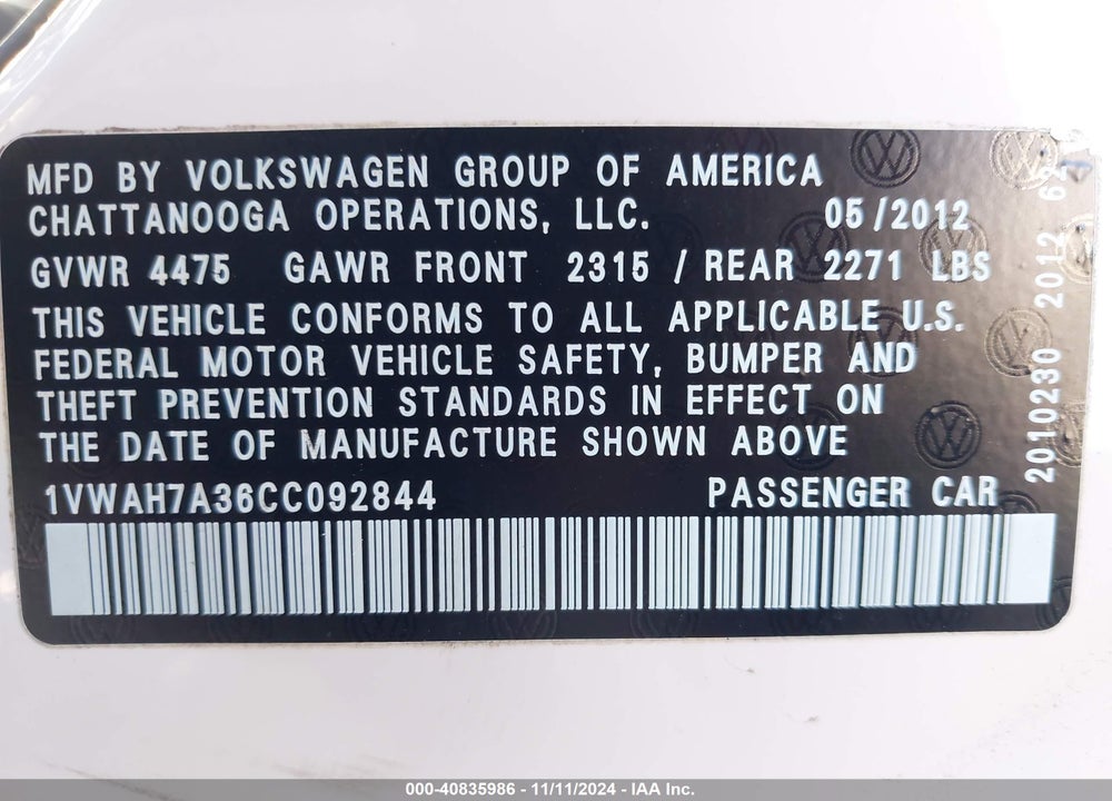 2012 VOLKSWAGEN PASSAT 2.5L S VIN: 1VWAH7A36CC092844