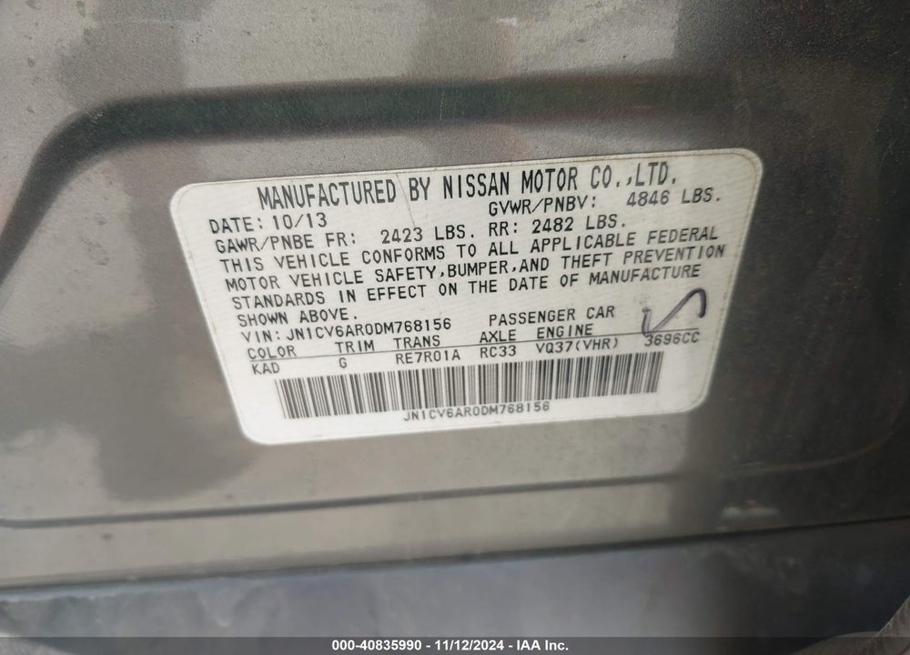 2013 INFINITI G37X VIN: JN1CV6AR0DM768156