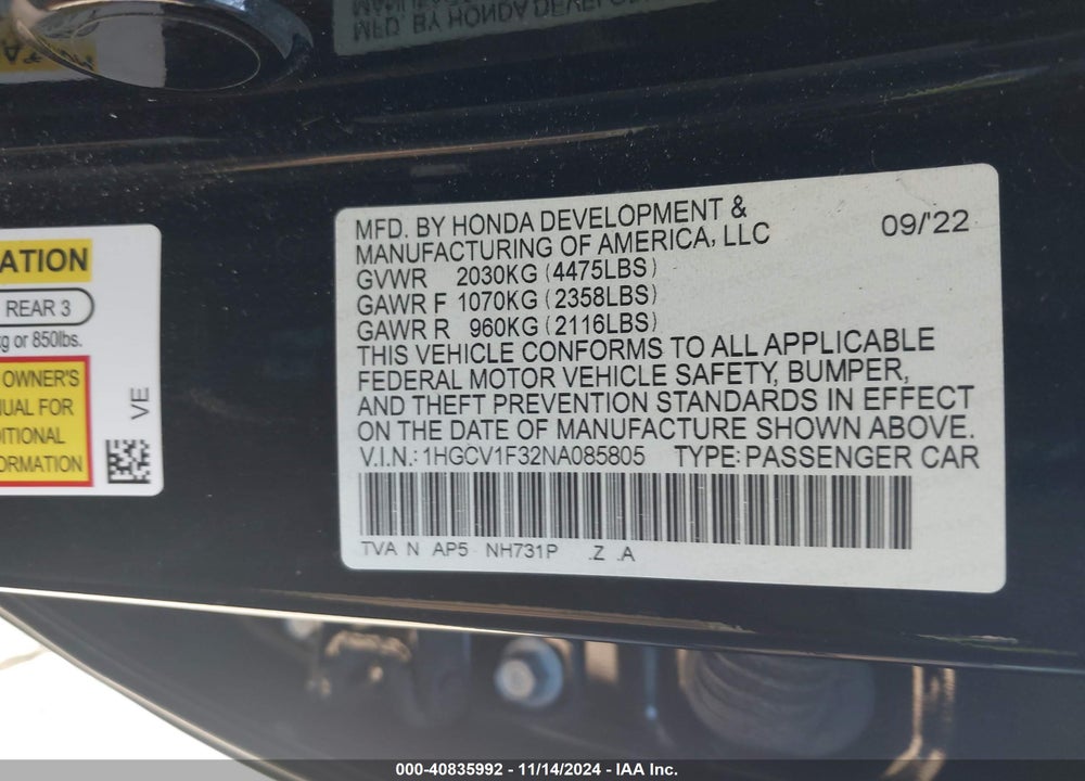 2022 HONDA ACCORD SPORT VIN: 1HGCV1F32NA085805
