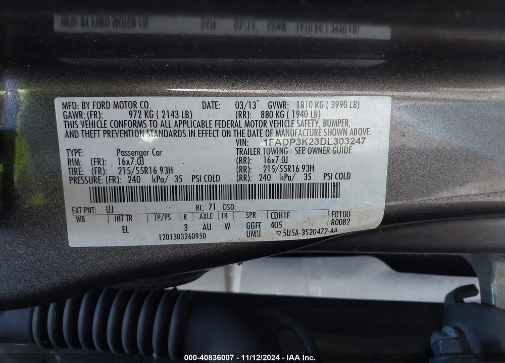 2013 FORD FOCUS SE VIN: 1FADP3K23DL303247