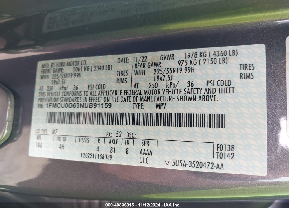 2022 FORD ESCAPE VIN: 1FMCU0G63NUB91159