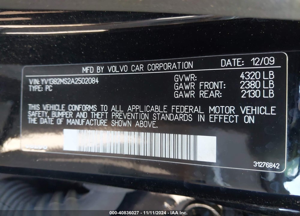 2010 VOLVO S40 2.4I VIN: YV1382MS2A2502084