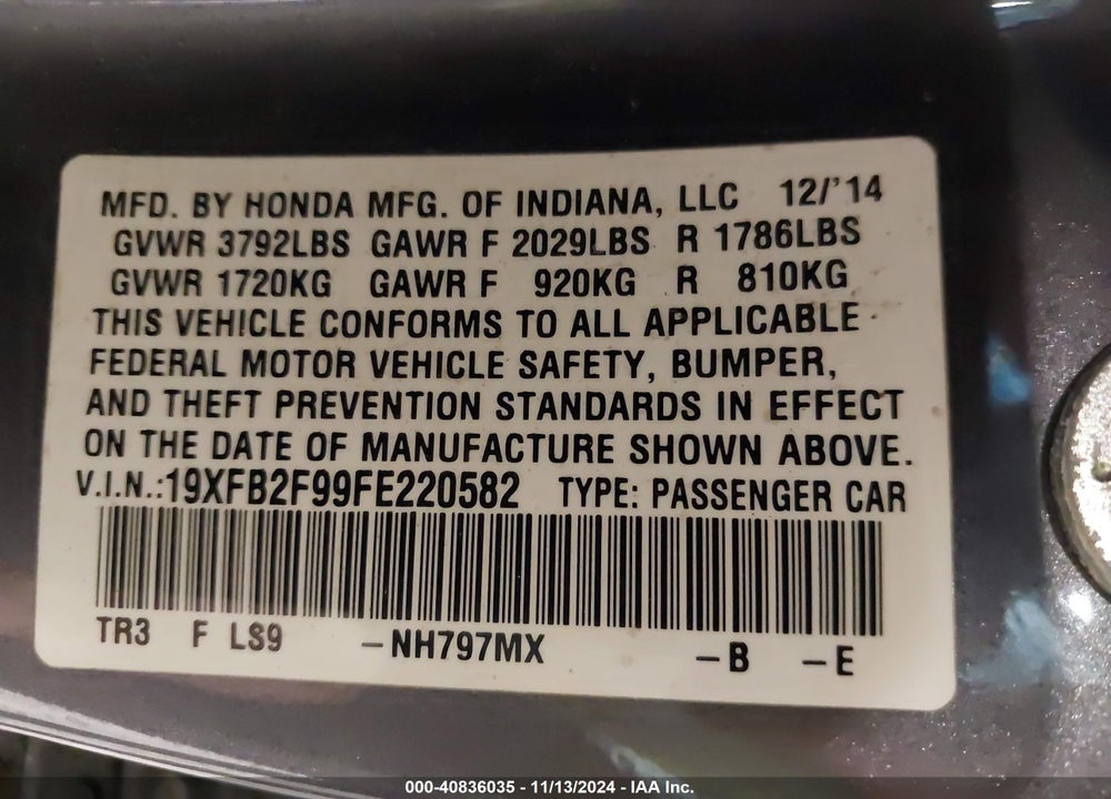 2015 HONDA CIVIC EX-L VIN: 19XFB2F99FE220582
