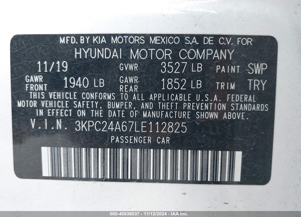 2020 HYUNDAI ACCENT VIN: 3KPC24A67LE112825