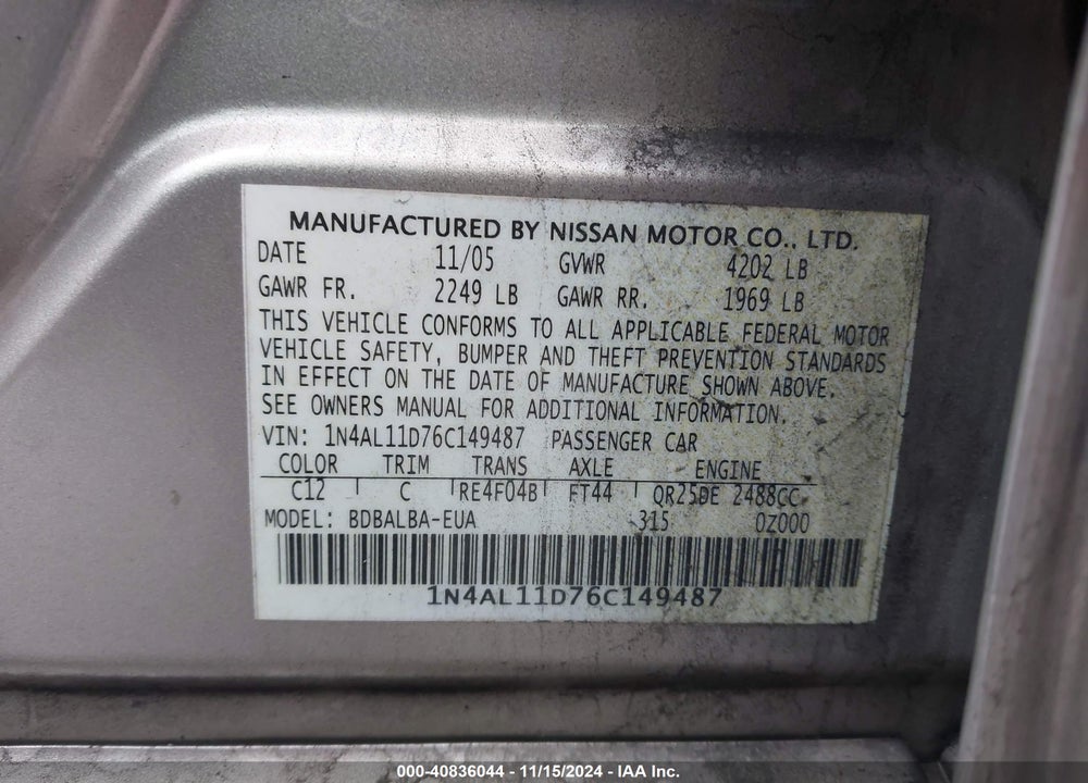 2006 NISSAN ALTIMA 2.5 S VIN: 1N4AL11D76C149487