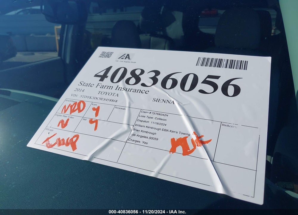 2014 TOYOTA SIENNA XLE LIMITED VIN: 5TDYK3DC9ES458868