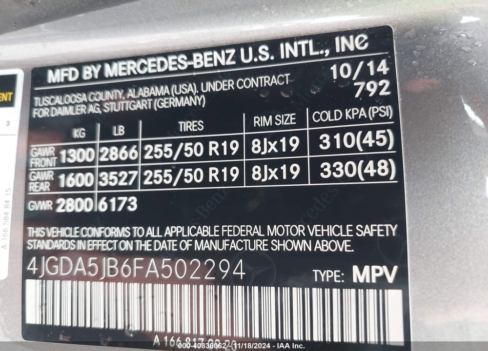 2015 MERCEDES-BENZ ML 350 VIN: 4JGDA5JB6FA502294