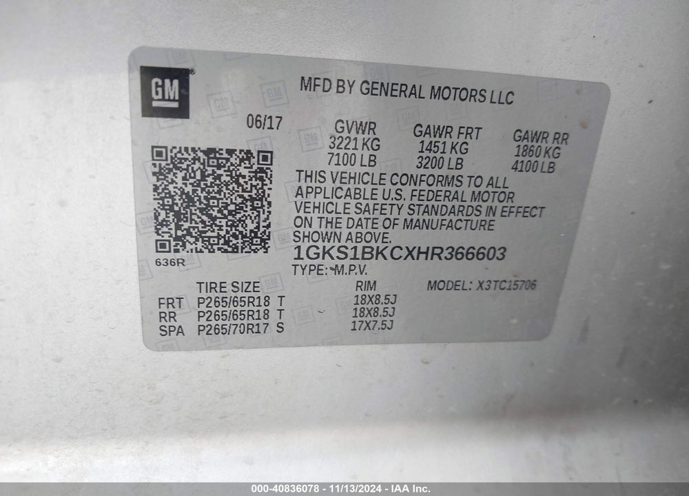 2017 GMC YUKON VIN: 1GKS1BKCXHR366603