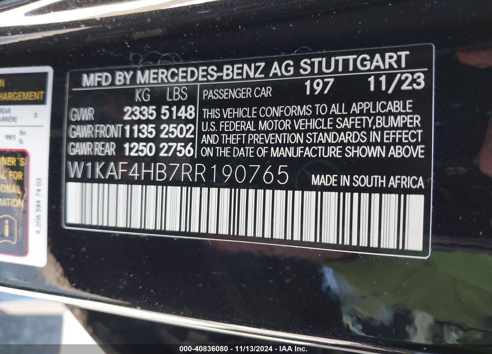 2024 MERCEDES-BENZ C 300 VIN: W1KAF4HB7RR190765