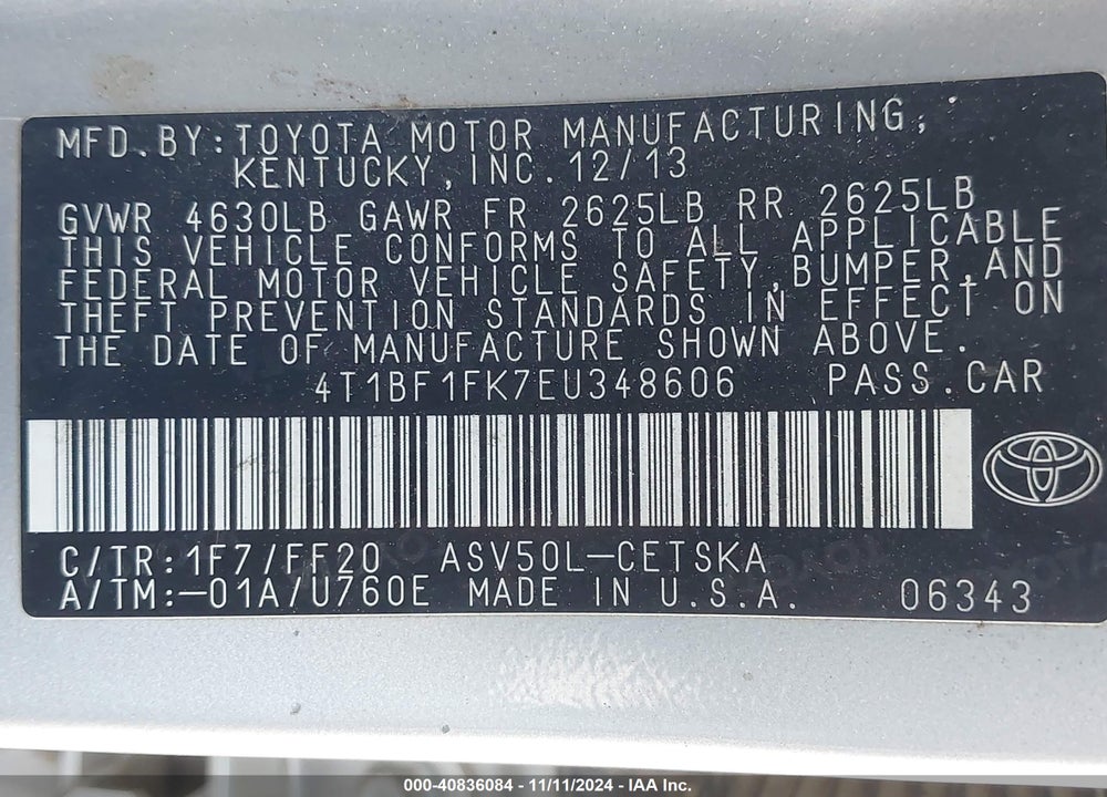 2014 TOYOTA CAMRY SE VIN: 4T1BF1FK7EU348606