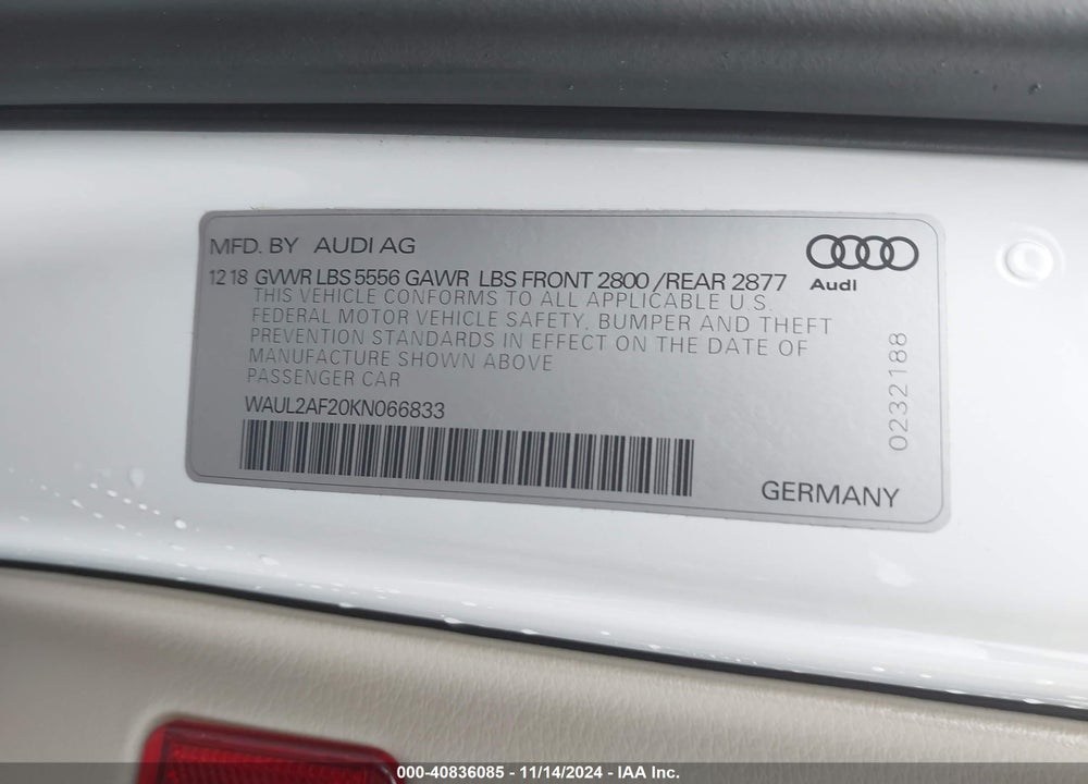 2019 AUDI A6 55 PREMIUM VIN: WAUL2AF20KN066833