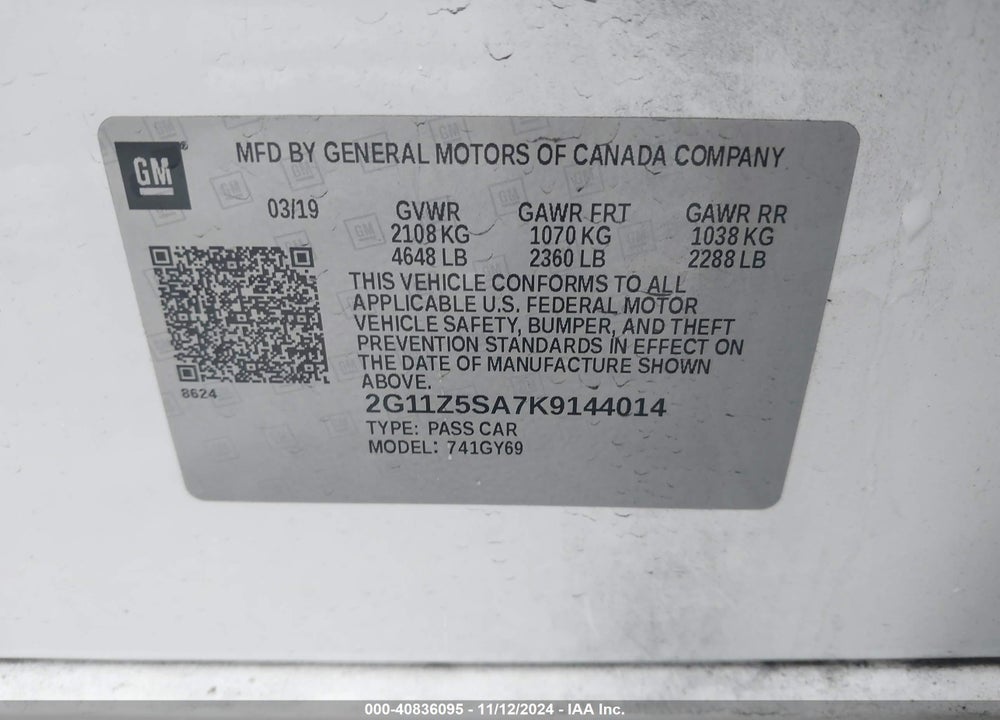 2019 CHEVROLET IMPALA LT VIN: 2G11Z5SA7K9144014