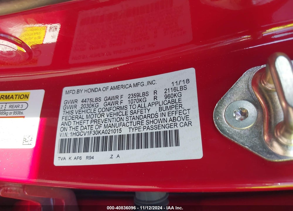 2019 HONDA ACCORD SPORT VIN: 1HGCV1F30KA021015