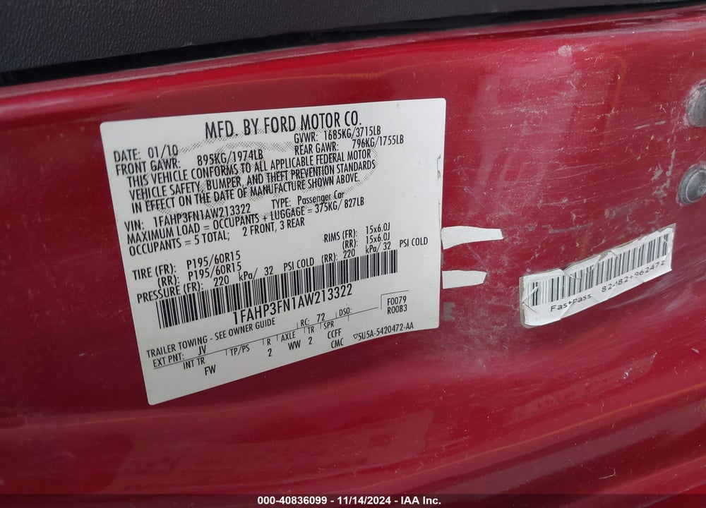 2010 FORD FOCUS SE VIN: 1FAHP3FN1AW213322