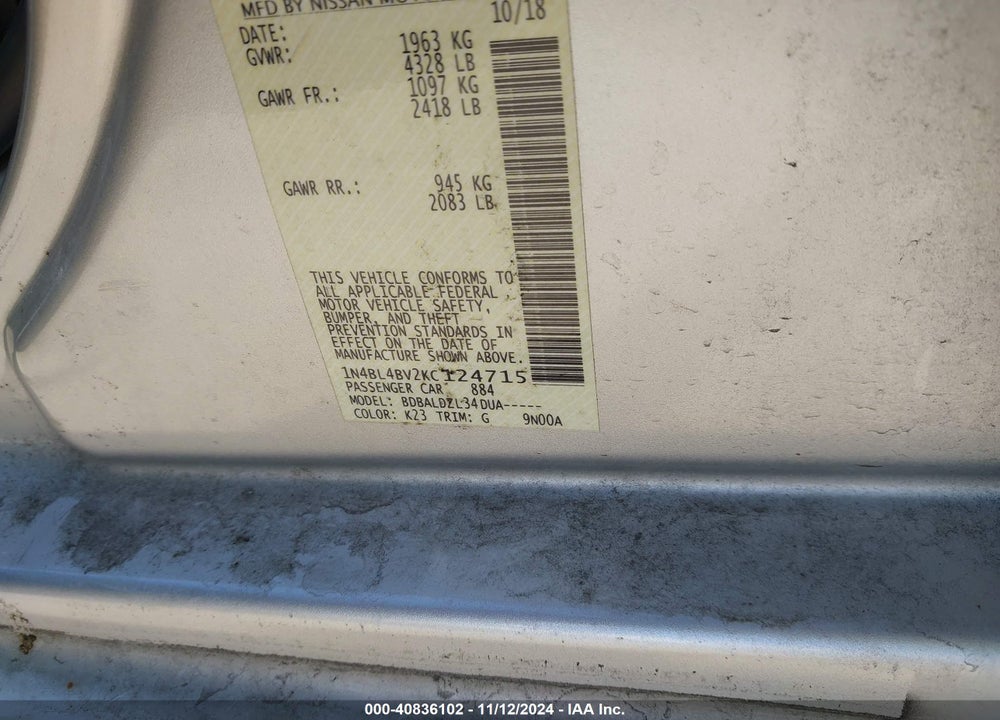 2019 NISSAN ALTIMA 2.5 S VIN: 1N4BL4BV2KC124715
