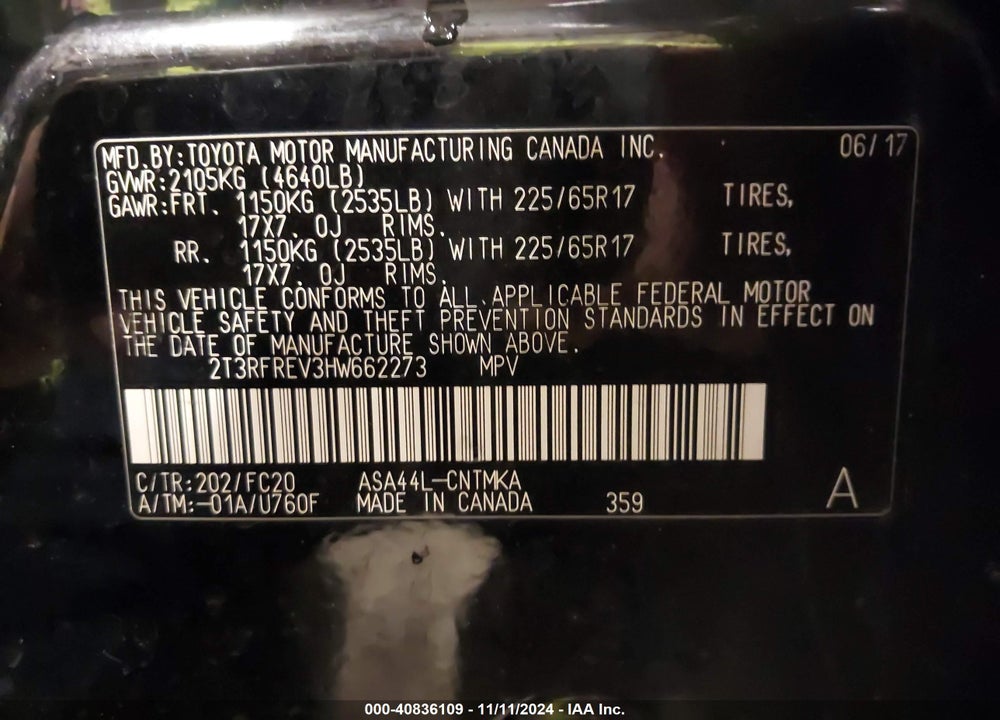 2017 TOYOTA RAV4 XLE VIN: 2T3RFREV3HW662273