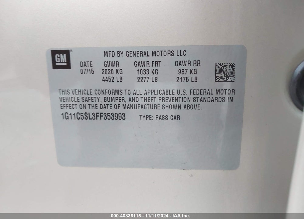 2015 CHEVROLET MALIBU 1LT VIN: 1G11C5SL3FF353993