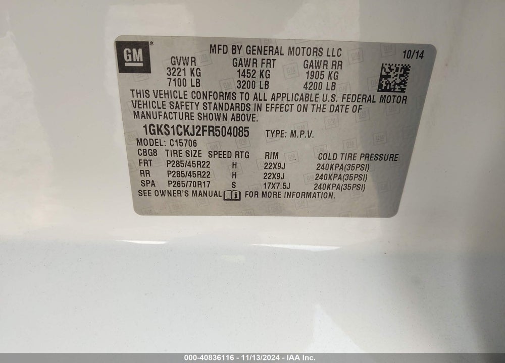 2015 GMC YUKON DENALI VIN: 1GKS1CKJ2FR504085