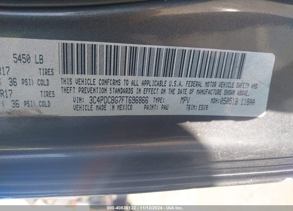 2015 DODGE JOURNEY SXT VIN: 3C4PDCBG7FT696866