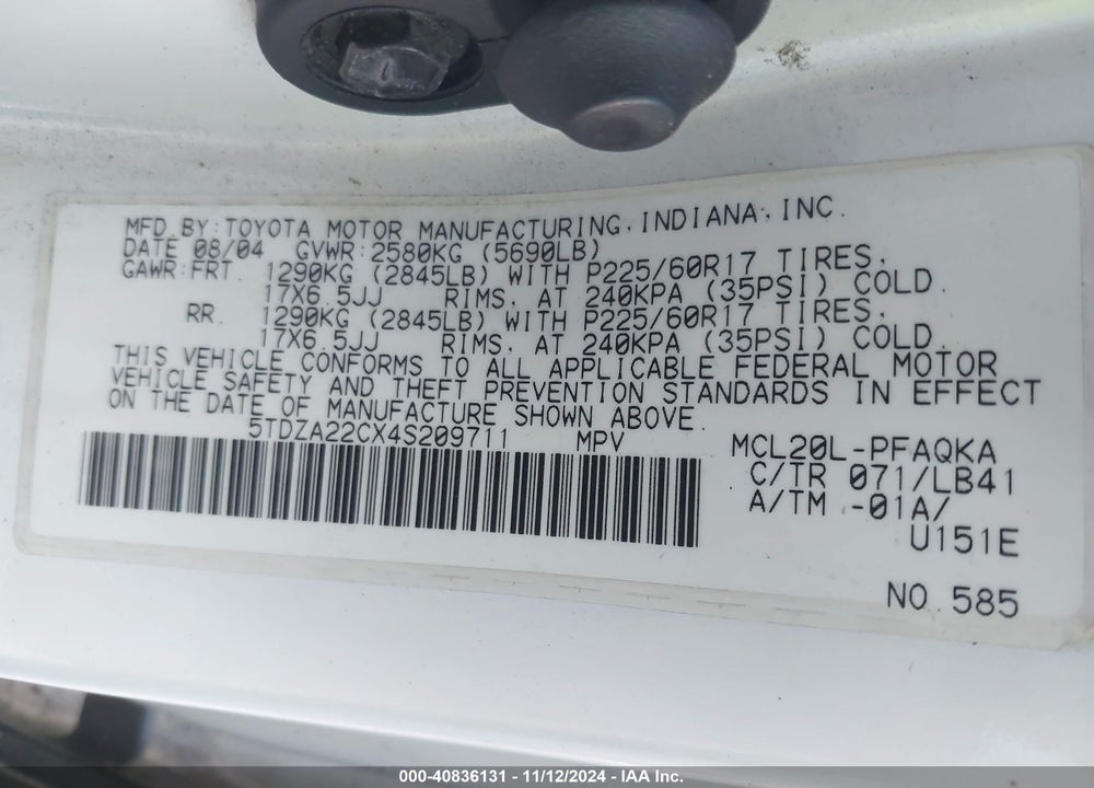 2004 TOYOTA SIENNA XLE VIN: 5TDZA22CX4S209711