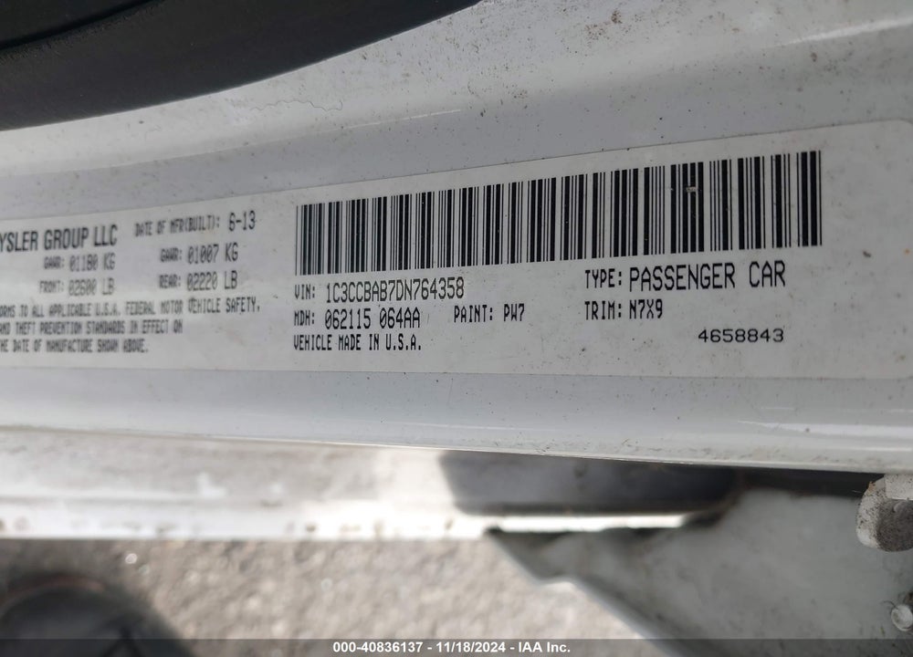 2013 CHRYSLER 200 LX VIN: 1C3CCBAB7DN764358