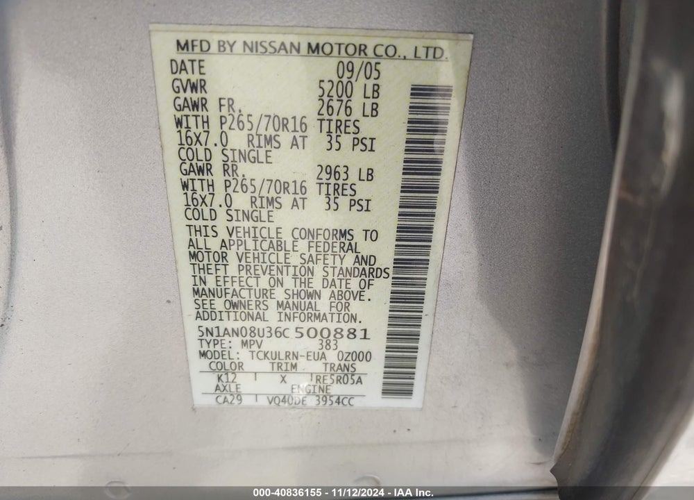 2006 NISSAN XTERRA S VIN: 5N1AN08U36C500881