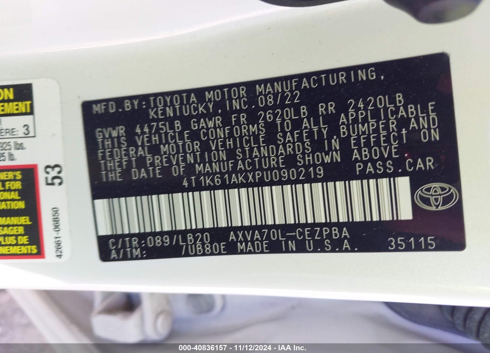 2023 TOYOTA CAMRY XSE VIN: 4T1K61AKXPU090219