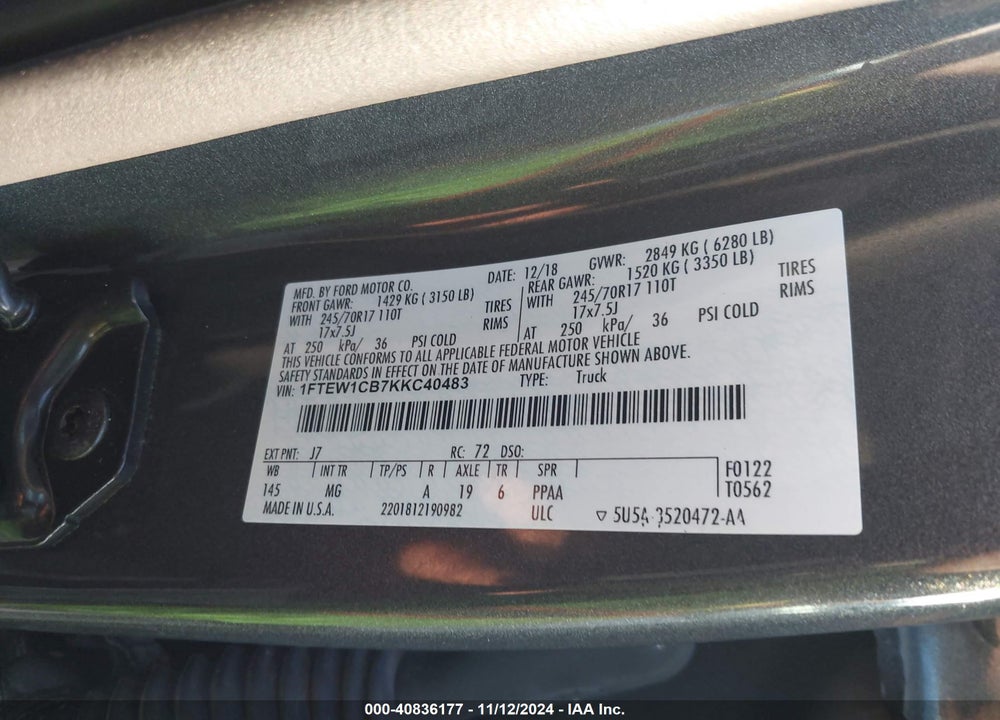 2019 FORD F-150 XLT VIN: 1FTEW1CB7KKC40483