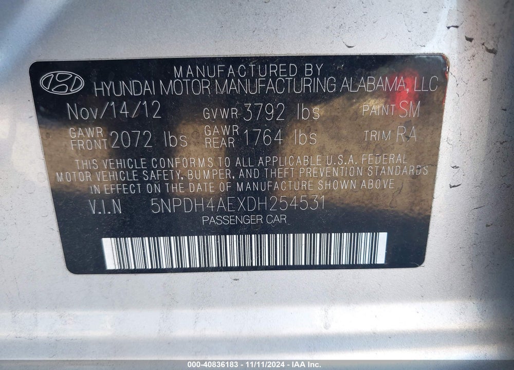 2013 HYUNDAI ELANTRA GLS VIN: 5NPDH4AEXDH254531