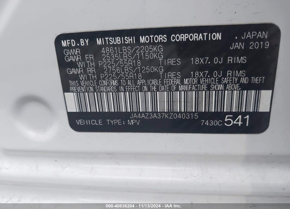 2019 MITSUBISHI OUTLANDER SEL VIN: JA4AZ3A37KZ040315