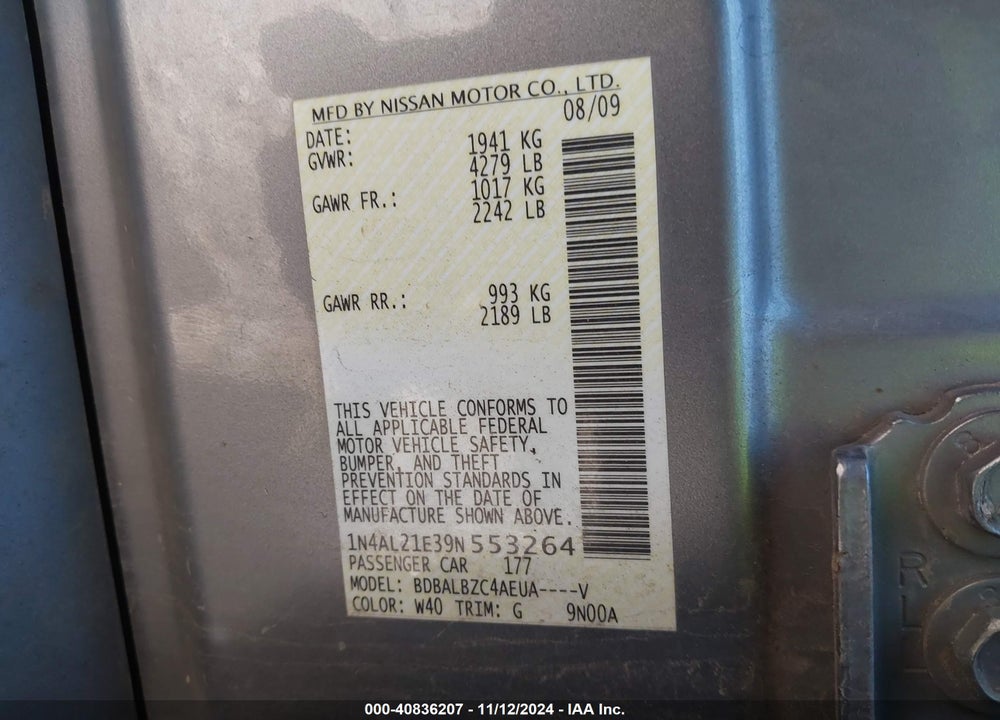2009 NISSAN ALTIMA 2.5 S VIN: 1N4AL21E39N553264