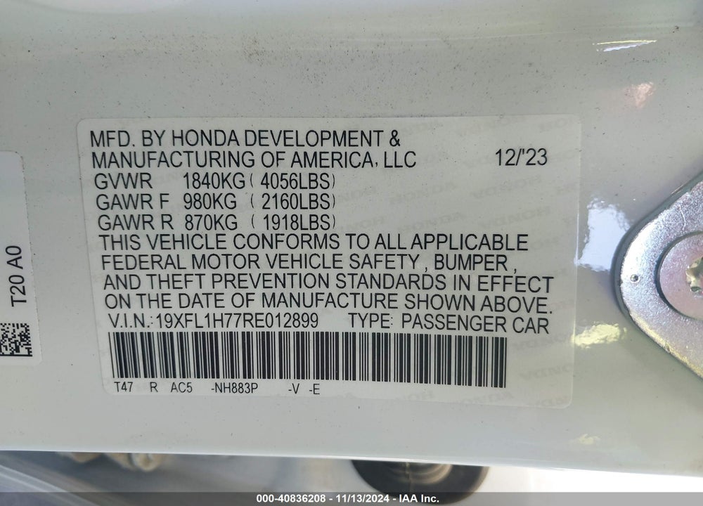 2024 HONDA CIVIC EX-L VIN: 19XFL1H77RE012899