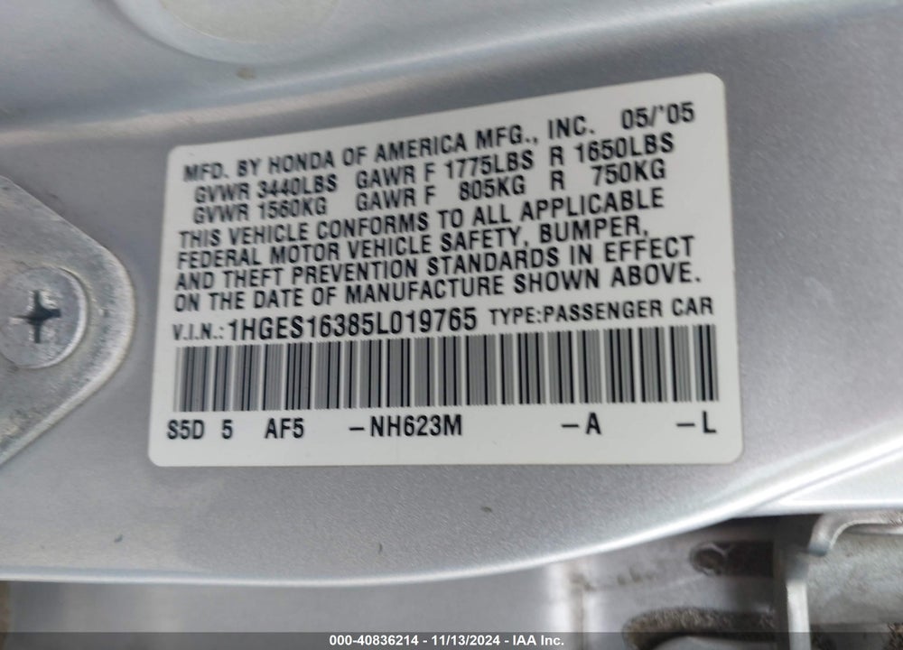 2005 HONDA CIVIC SDN VP VIN: 1HGES16385L019765