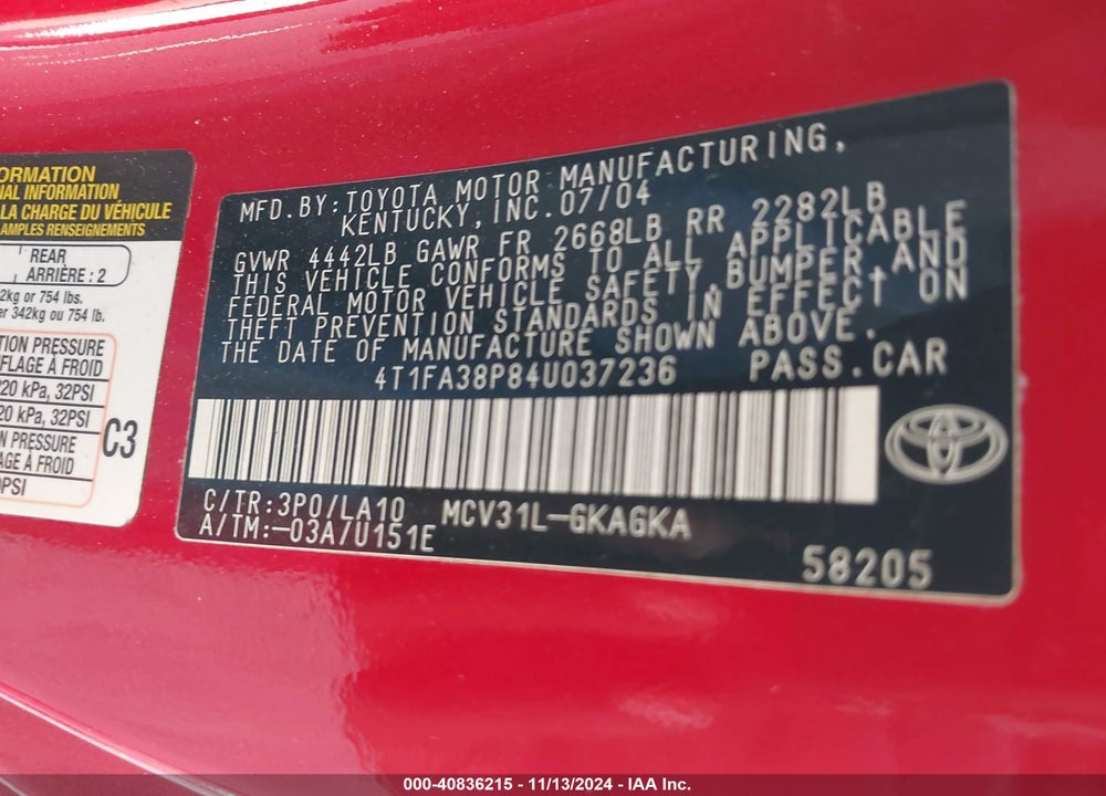 2004 TOYOTA CAMRY SOLARA SLE VIN: 4T1FA38P84U037236
