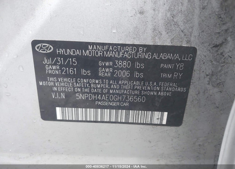 2016 HYUNDAI ELANTRA VALUE EDITION VIN: 5NPDH4AE0GH736560